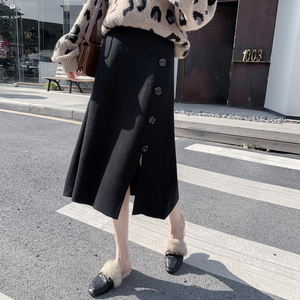 针织开叉半身裙秋冬女中长款高腰显瘦宽松大码a字裙冬季毛线裙子