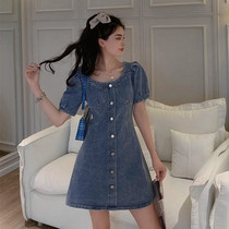 Denim Dress Skirt Woman Summer Pharatism Small Crowd Temperament Closets Small Sub-Bubble Sleeves Length of Skirt Big Code Short Sleeves