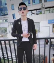 Personality tight-fitting mens set with small size suit Korean version of handsome trend slim suit hairdresser suit