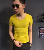 2021 new chicken heart collar short sleeve T-shirt men tight body solid color v collar body handsome guy youth base shirt