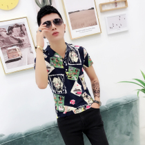 2021 summer slim mens lapel polo shirt personality flower short sleeve t-shirt social Youth Mens fashion trend