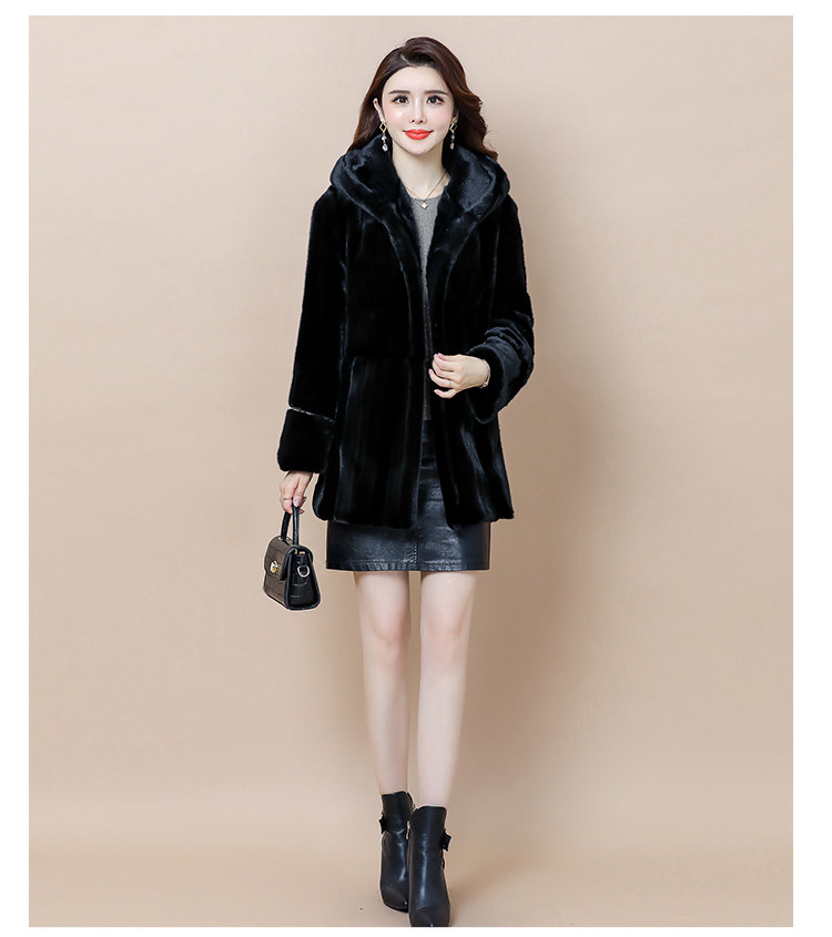 仿貂皮大衣女整貂中长款连帽高贵水貂皮草中老年裘皮外套大码