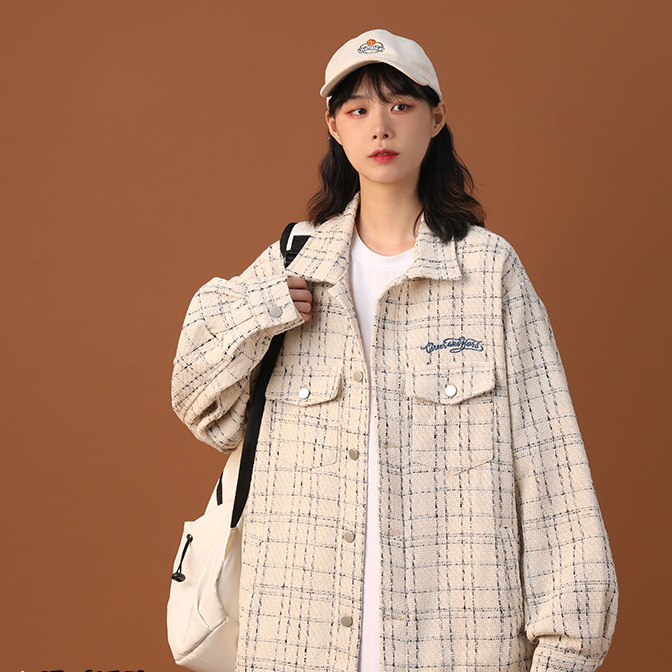 颠否欧美编织刺绣工装夹克男女小香风ins设计感小众国潮格子外套