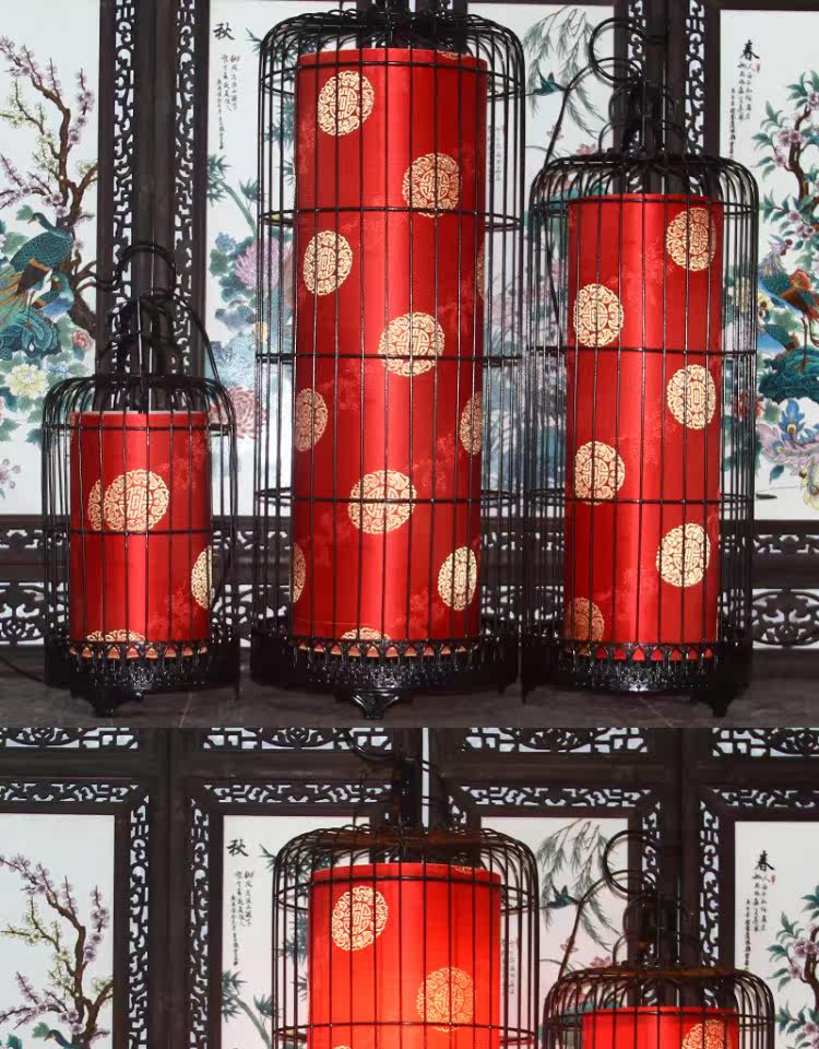 明瀚元宵春节美陈场景装饰摆件红色铁艺鸟笼婚庆橱窗灯笼摆件吊灯