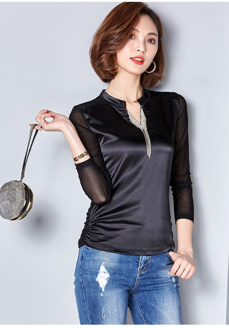812# (实拍) 新款v领百搭拼接大码网纱打底衫女上衣
