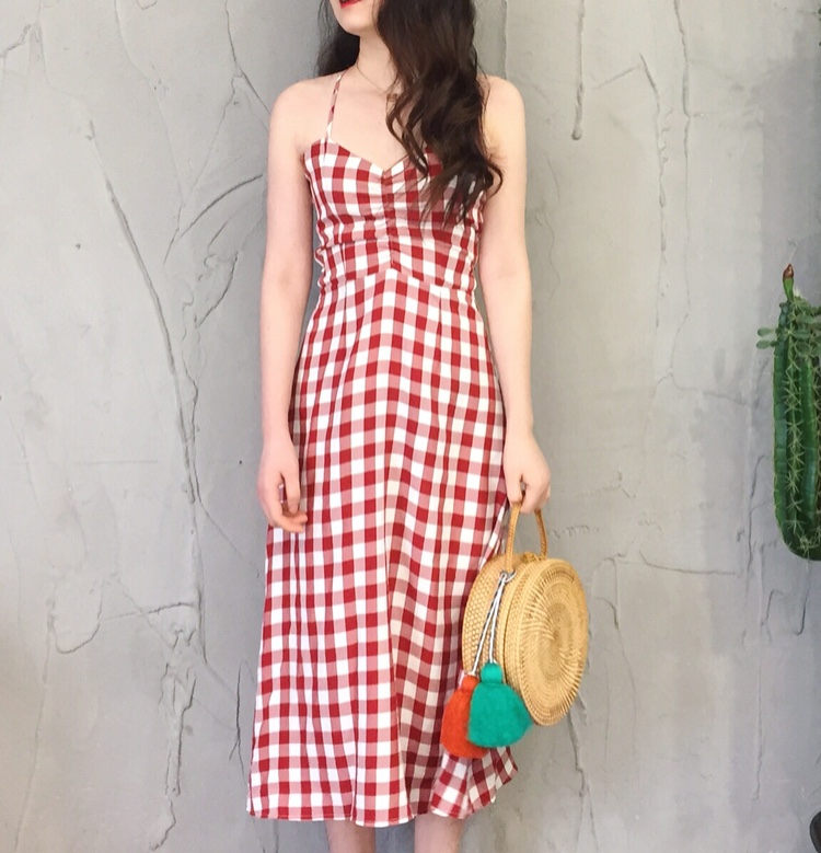 (Clearance limited time limit)Holiday skirt high waist plaid retro slim sundress Seaside beach skirt slim