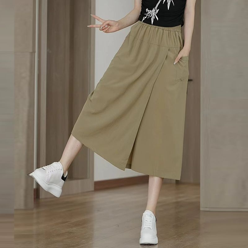 Ice silk casual skirt pants for women in summer 05, thin design, hanging feeling, slimming, wide leg pants, small irregular cropped pants (20509:28317:size:XL 建议5-0斤;1627207:17588426857:Color classification:Khaki color (pocket style))