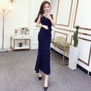 summer new sexy sleeveless lace stitching long fish tail dress