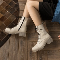 Seven step Forest forest 2021 Winter new transparent thick heels Net red thick bottom joker ins leather Martin boots tight