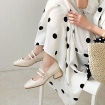 Seven step forest elegant cowhide single shoes art shallow mouth middle heel square head Mary Jane shoes women 2021 Spring and Autumn new strict