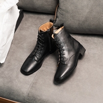 Seven Step Forest English style square head leather Martin boots Red side zipper short tube single boots female 2021 autumn and winter new strict