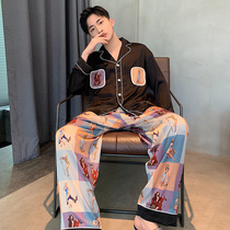 Pajamas mens long sleeves spring and autumn Ice Silk Korean cartoon simulation silk casual thin summer home clothing set