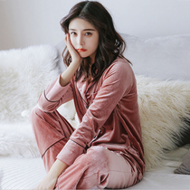 Weihu Si room new pajamas women Spring and Autumn Korean version of long sleeve home clothing winter suit collar golden velvet set
