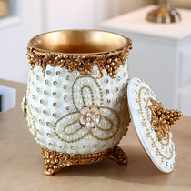 European-style creative household garbage can ornaments Living room desktop storage bucket large paper basket Household garbage can with cover