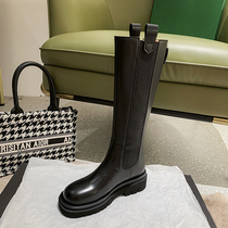 Leather knee-high boots 2021 new autumn and winter cigarette tube boots womens British style thick-soled boots high boots