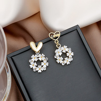 Silver needle Japan-ROK hollowed-out asymmetric loving earrings personality pearl long style Femininity Shells Flowers Circle Earrings