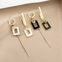Japanese and Korean fashion 925 silver needle black hollow square drop oil asymmetric earrings alloy personality geometric long earrings