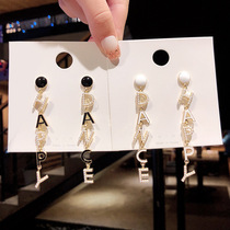 S925 Silver Needle Japan-ROK Pearl Letter Long earbuds net red hominin Inlaid Earrings Superior 100 hitch earrings woman