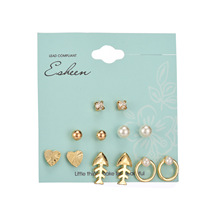 Japan-ROK Creative New Alloy Ornament Pearl Personality Peach Heart Fish Ear Nail Suit Combined Geometric Couple Earrings Woman