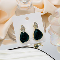 Silver pin European and American long style Fashion Retro ear nail French style personality Geometric Inlaid Drilling Drip Oil Oval Irregular Earrings Woman