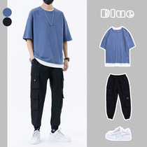 (Suit)Muzi Xiaoge fake two-piece short-sleeved T-shirt mens Hong Kong style ins Korean five-and-a-half-sleeved mens top clothes