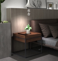 Sanshe Nordic minimalist bedside table black walnut solid wood modern simple industrial wind iron art creative side cabinet storage cabinet