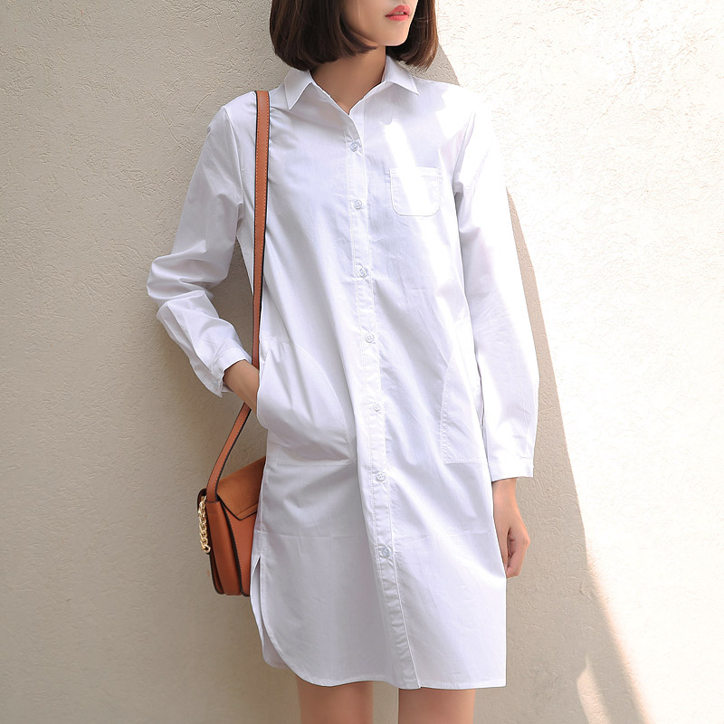 韩版春秋新款黑色衬衫女长袖中长款宽松加大码显瘦韩范加长白衬衣