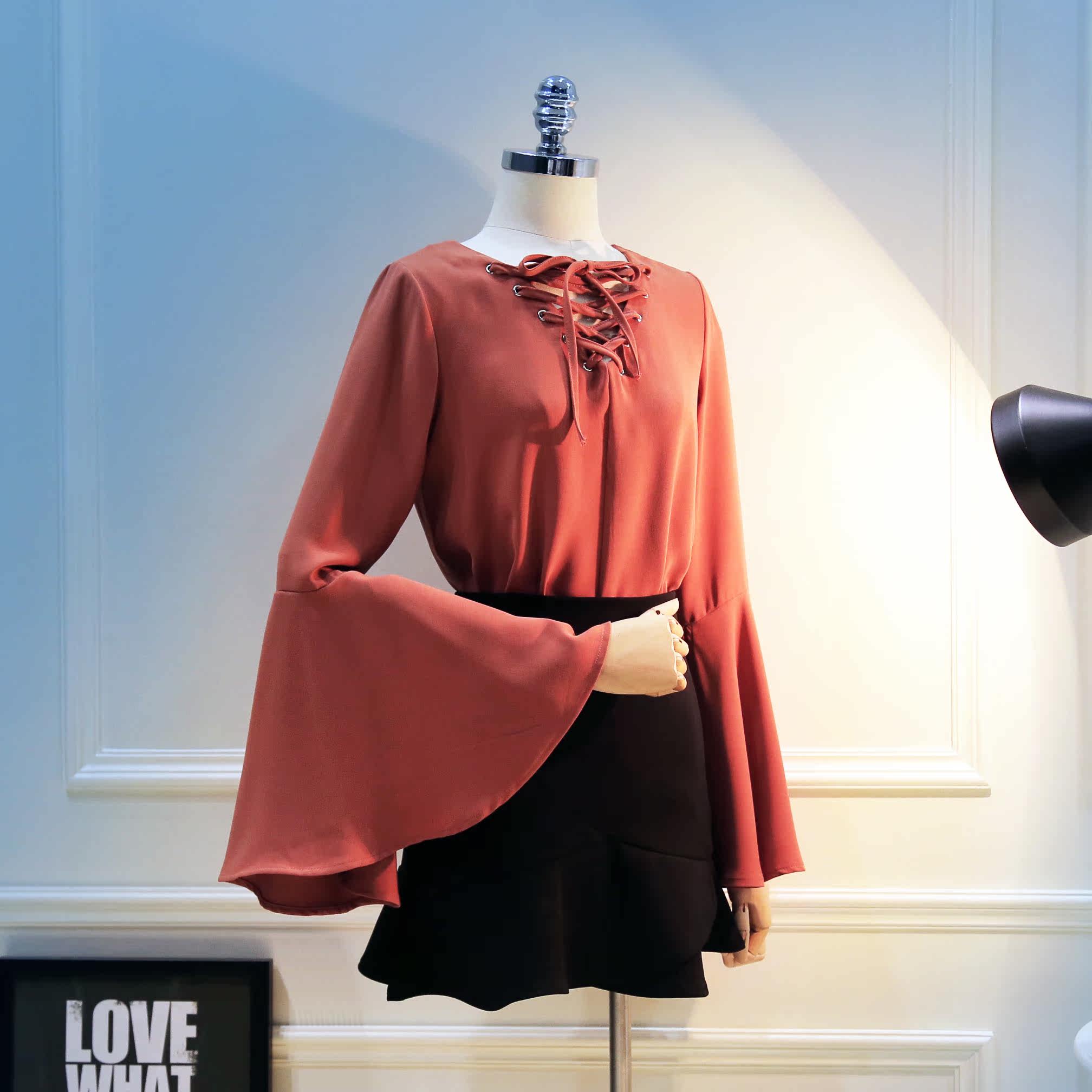 喇叭袖上衣女2017秋季新款韩版休闲百搭系带v领长袖雪纺衫x551_不打折