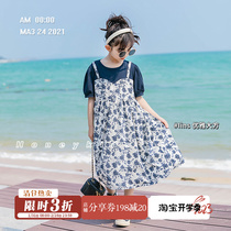 Girls dress for dress Summer 2022 new ocean Korean version Childrens dress Summer clothing Bubble Sleeves Woman with Broken Flowers Skirt