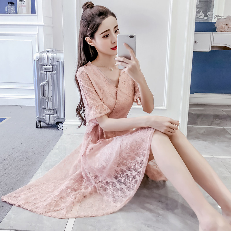 减龄潮品！仙女必备~实拍现货2021夏装新款修身蕾丝连衣裙仙女裙