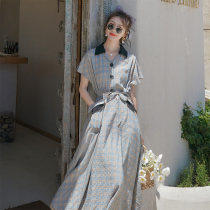 French niche v-neck plaid dress female 2021 summer sweet first love tie waist thin mid-length skirt