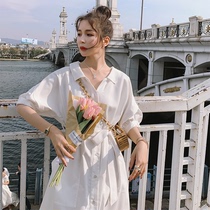 2021 Korean white waist net red shirt skirt womens loose lace-up temperament French niche holiday jumpsuit long skirt