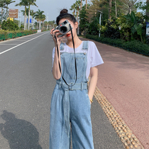 2021 spring and summer new small denim bib pants female Korean loose high waist straight tube thin mopping jumpsuit