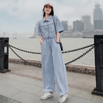 2021 summer Korean casual net red tooling denim jumpsuit womens loose waist student thin jumpsuit suit