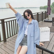 2021 summer new Korean net red striped shirt sunscreen clothes loose thin mid-length shirt beach jacket
