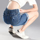 ໂສ້ງຢີນກາງເກງຂອງຜູ້ຍິງ ແອວ elastic 2023 summer loose slimming elastic pants five-point large ripped jodhpurs wide leg