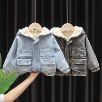 Boys winter clothes thick denim coat baby plus velvet medium long trench coat New handsome baby hooded top