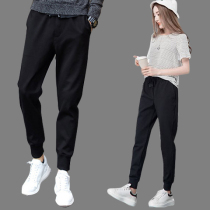 Korean version of mens and womens class clothes spring and autumn casual tie pants Harlan trousers student small feet couple pure black sports pants