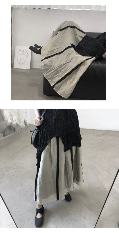 Lu và Shanyu uma núi phong cách ban đầu nữ váy vải lanh tencel xếp ly A-line sọc sẫm màu váy dài giữa - Váy