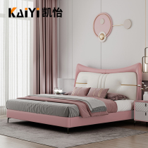 Real leather bed bed childrens room princess bed net Red Girl Pink 1 5m bed 1 35m single solid wood leather bed