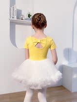 Children Dance Suit Summer Short Sleeve Yellow Girl practice Split Test Class Ballet Dresses White half-body dress