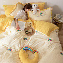 Winter coral velvet four-piece set double-sided velvet Rainbow embroidery quilt cover soft thickened warm milk velvet bedding