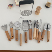 Po-Kitchen Gadget Set Wooden Handle Stainless Steel Egg Beater Pumping Planer Bottle Opener Ice Cream Spoon Pizza Knife