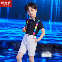 Flower girl dress Boy short sleeve suit Childrens small host piano performance suit Big boy bib pants catwalk suit