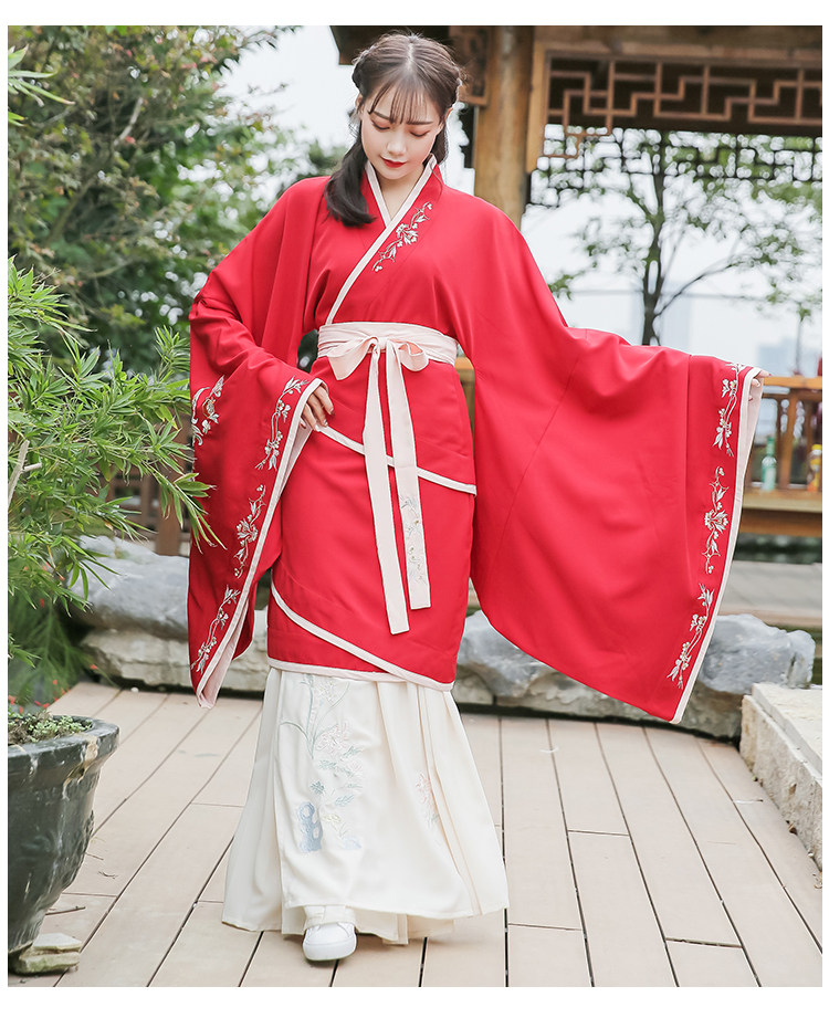 日常新款红色交领大袖秋日宴曲裾传统汉服女曲裾现货非演出古装