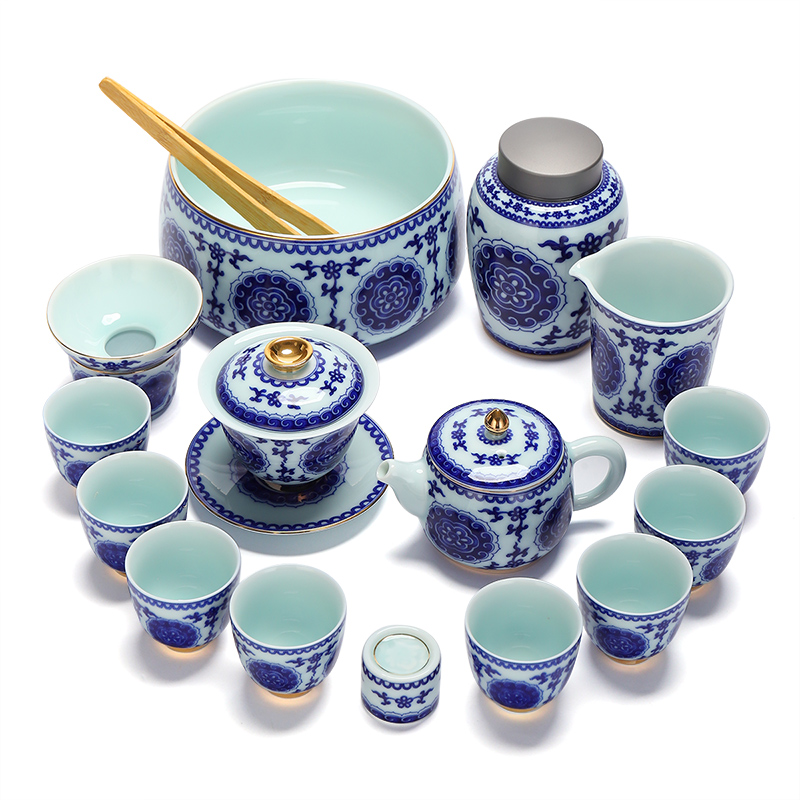 Recreational product set of 12 first 10 inch plate of a complete set of kung fu tea set household ceramics restoring ancient ways of blue and white porcelain cup teapot