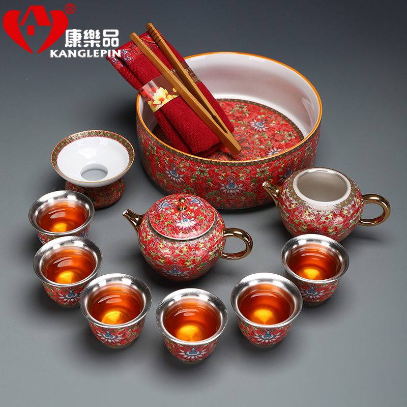 Recreational product gold colored enamel porcelain tea set coppering. As silver clasp porcelain tea set the whole court wind office tea kettle