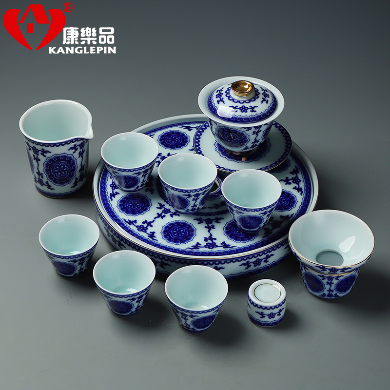 Recreational product set of 12 first 10 inch plate of a complete set of kung fu tea set household ceramics restoring ancient ways of blue and white porcelain cup teapot