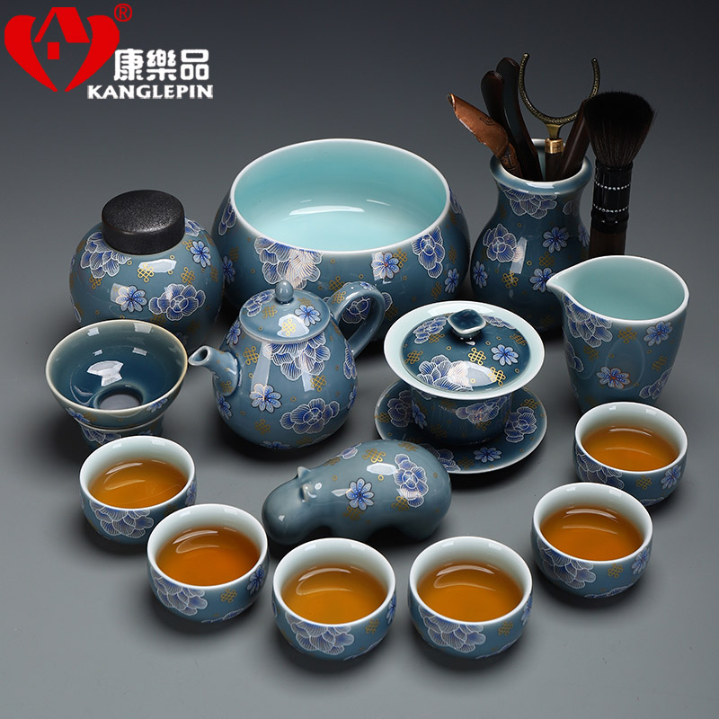 Recreational product ceramic kung fu tea colored enamel Chinese tureen tea cups suit modern household manual of a complete set of tea service