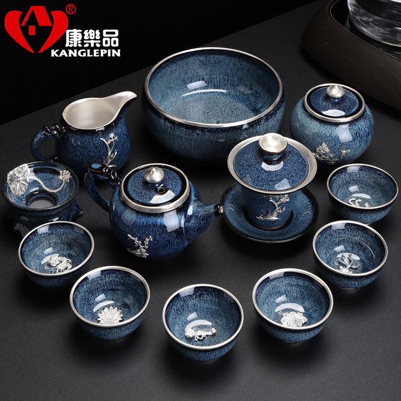 Recreational product jingdezhen obsidian variable temmoku built light tea set ceramic Mosaic of a complete set of 999 sterling silver teapot teacup